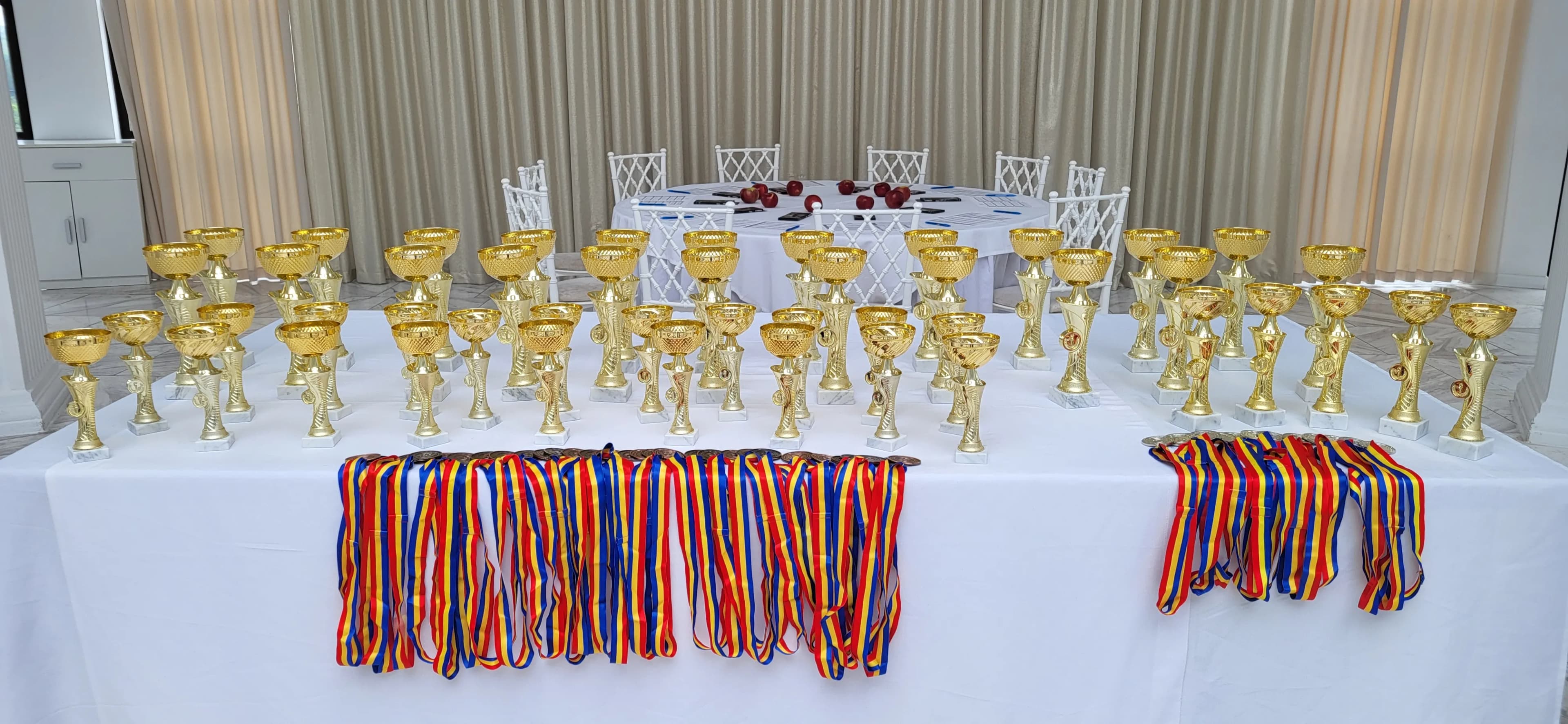 Masa cu trofee și medalii tricolore, pregătite pentru premierea de la Chișinău